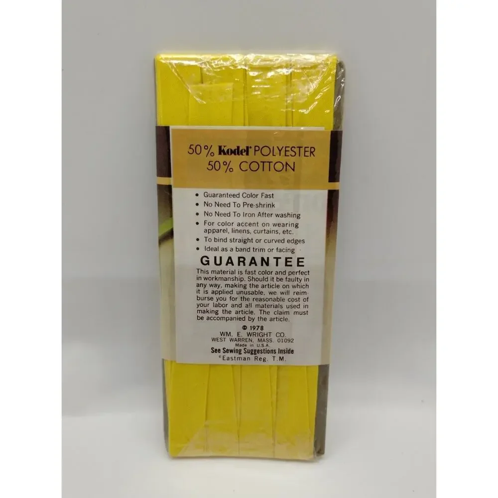 Wrights Single Fold Bias Tape 4 yds 116 200 - Canary 86 - Vintage Sewing 1978